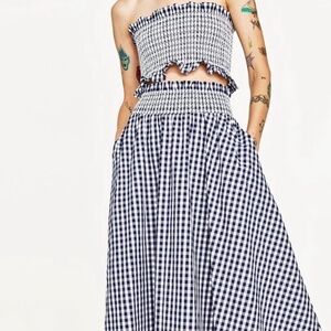 Zara Blue and White Gingham Midi Skirt Set - Size XL